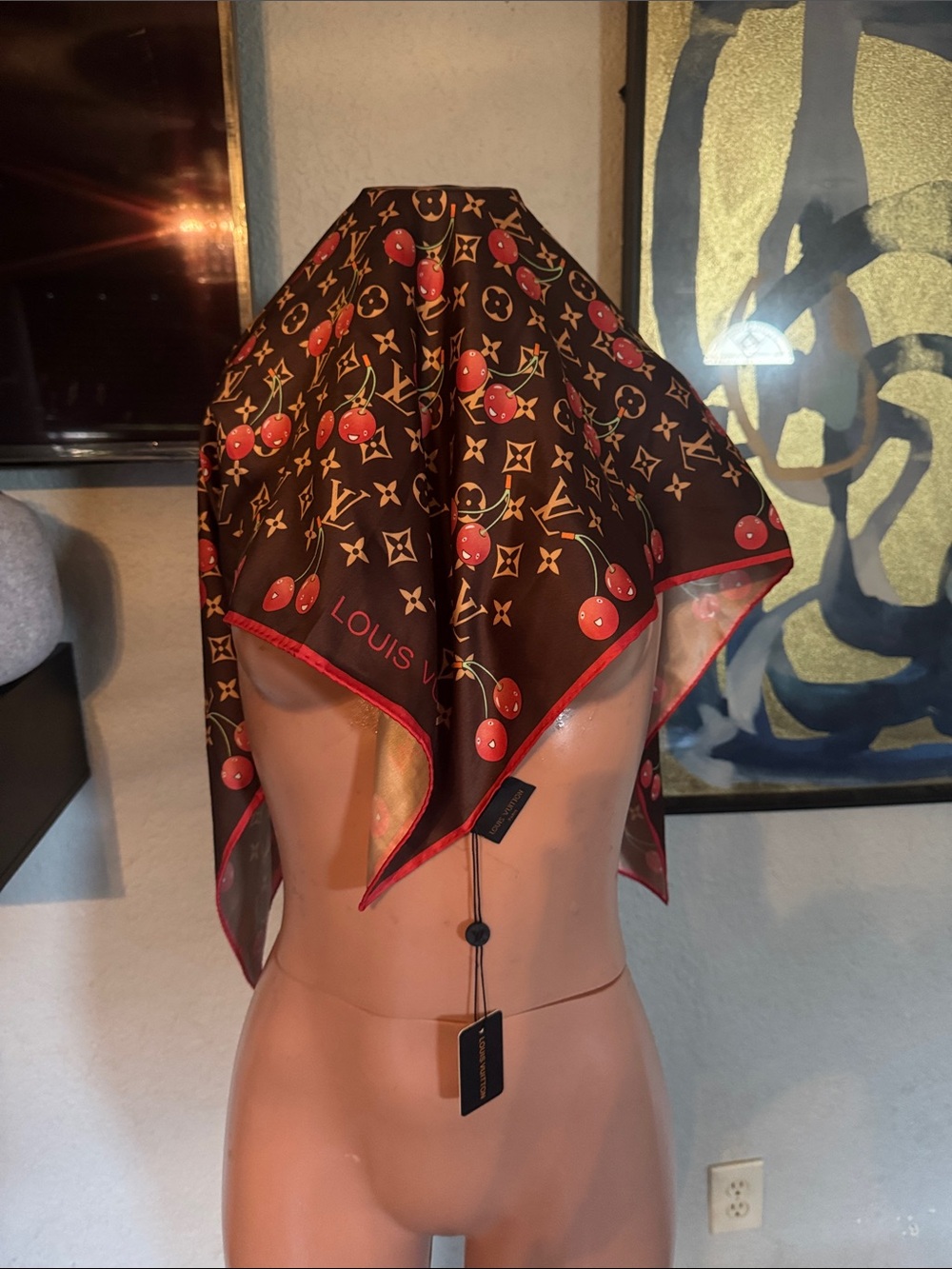 LVBrown Cherry Monogram Silk Scarf with Red Trim